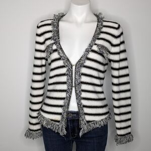 Vintage Cache Black White Striped Gold Long Sleeve Fringe Cardigan Sweater M